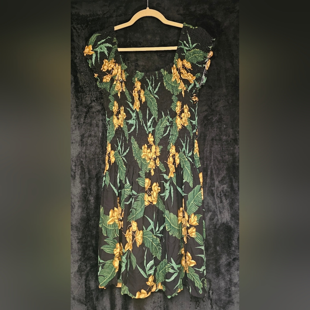 Tropical Floral Dress - Black and Green